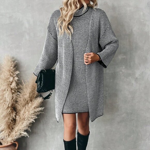 Multicolor Casual Women's Long Sleeve Cardigan & Stand Collar mini dress set - Picture 6 of 8